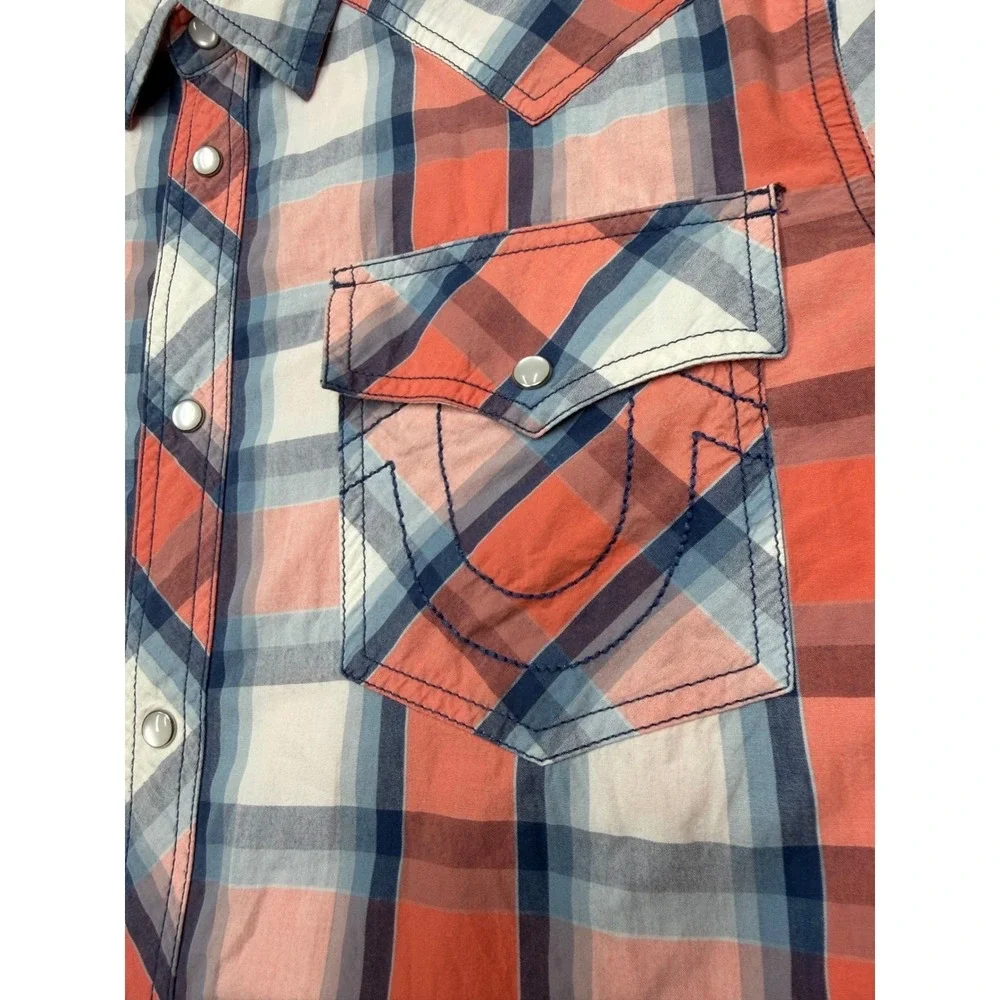 True Religion Mens 2XL Western Plaid Short Sleeve Pearl Snap Shirt Orange Blue